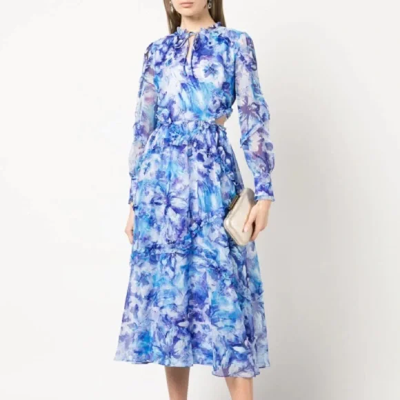 Marchesa Notte I NWT I Blue Midi Long-Sleeve Watercolor Floral Dress - Picture 1 of 6
